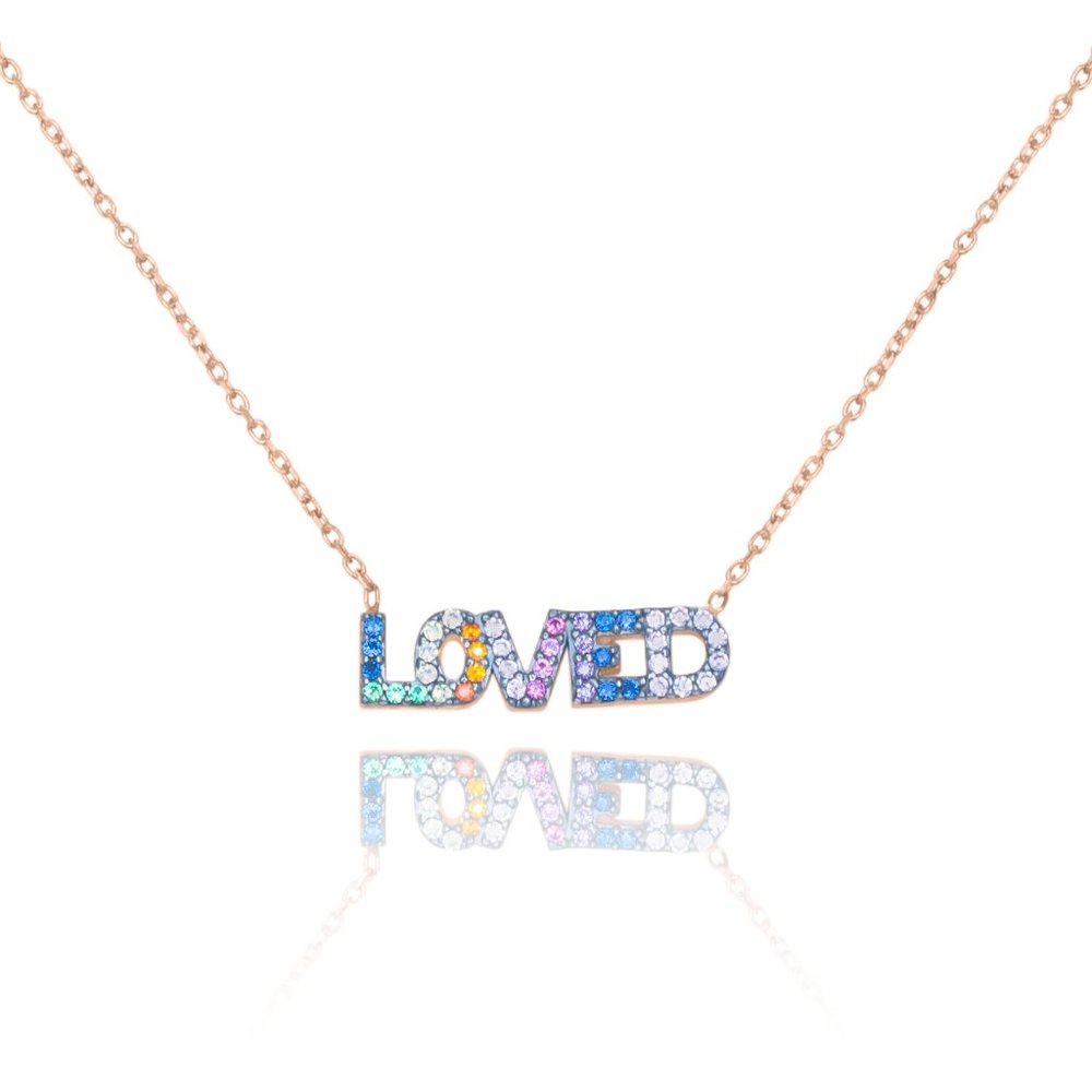 14k Gold Rainbow CZ  Loved Necklace
